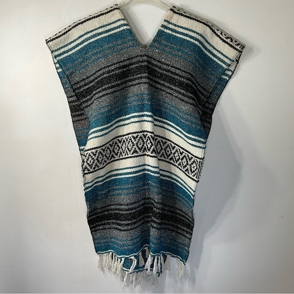 Baja Mexican Blanket‎ Poncho Wrap Blue White Black Striped, One Size - Picture 3 of 6